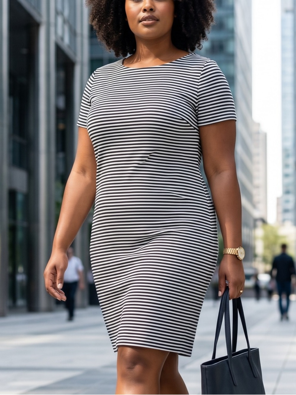 Lafayette 148 New York Black & White ribbed Striped Midi Dress w crossed back LG